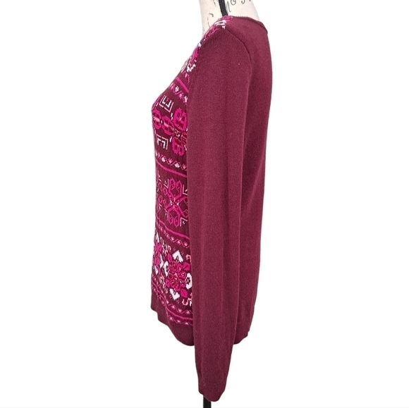 Talbots Pink Lambswool Womens Fair isle knit Crew Neck Beaded crystal sweater M - Picture 6 of 16